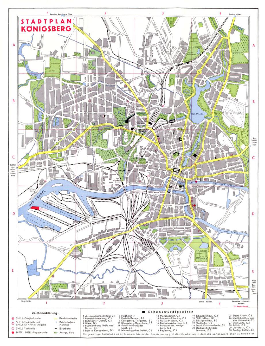 Stadtplan Königsberg mit Verzeichnis der Sehenswürdigkeiten, 1934