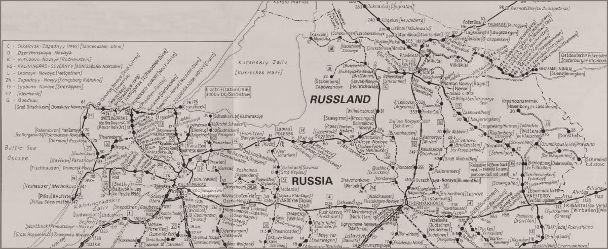 Skizze der Bahnstationen des nördlichen Ostpreußen mit ihren ehemaligen deutschen Namen und den nach 1946 russischen Umbenennungen