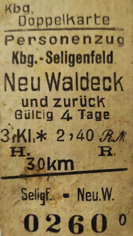 Deutsche Reichsbahn Fahrkarte Personenzug 3. Klasse, Seligenfeld - Neu Waldeck (Almenhausen), Hin- und Rückfahrt, 1927