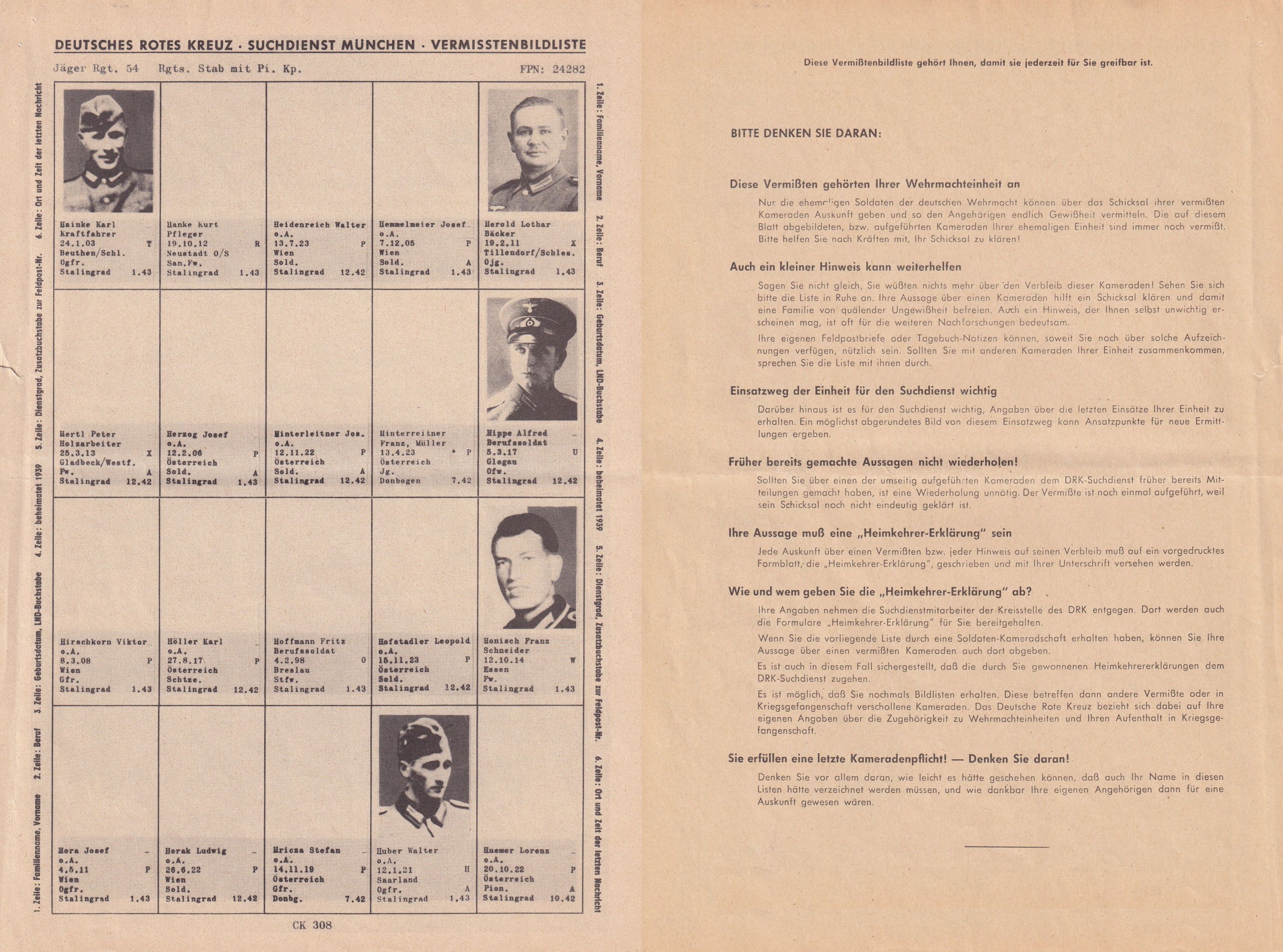 Die Dieter Peeters überlassenen Vermisstenbildlisten des Deutschen Roten Kreuzes seiner letzten Einheit - Pionier-Kompanie des 54. Jäger-Regiments mit der Feldpostnummer 24282 A