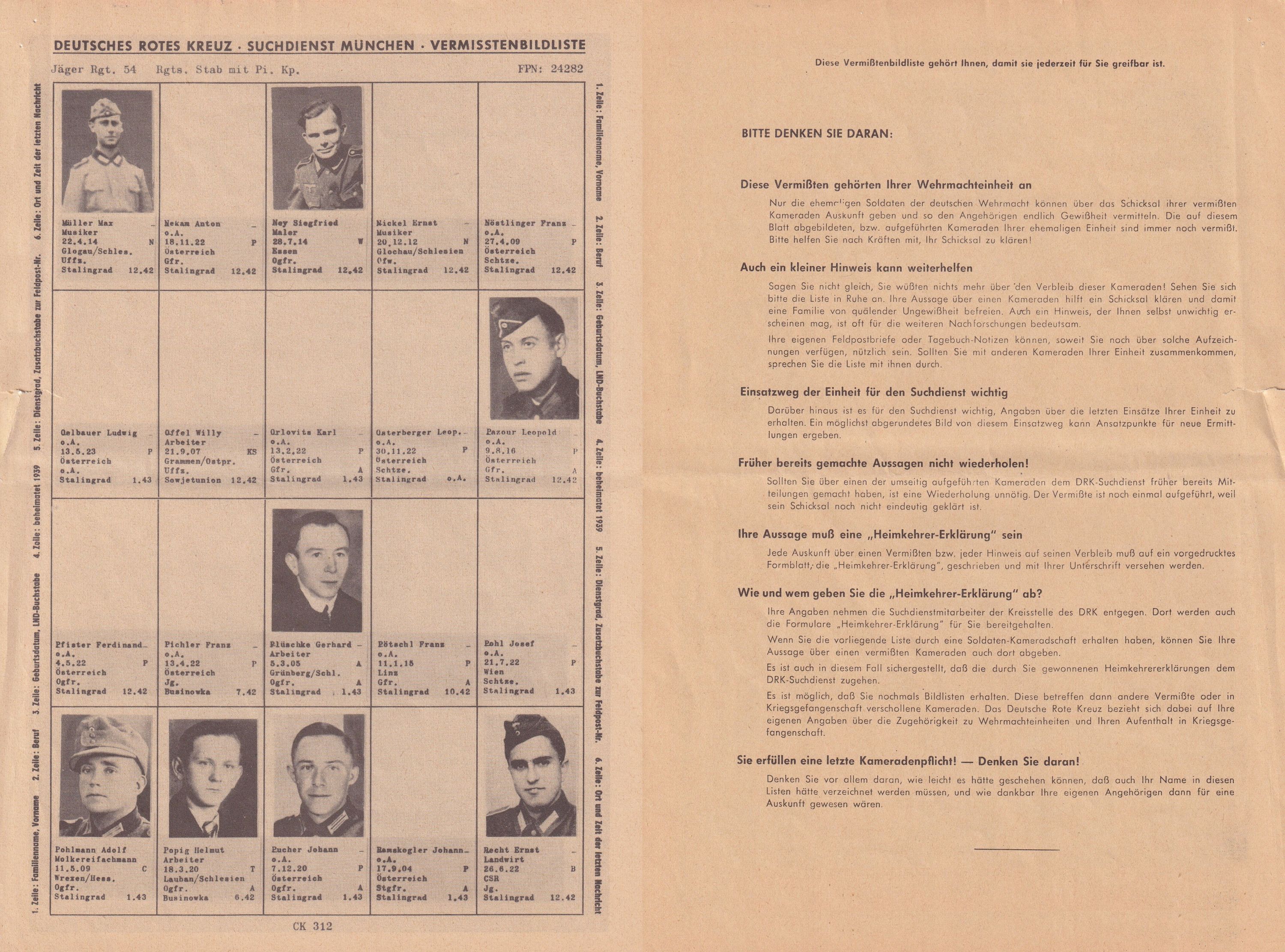 Die Dieter Peeters überlassenen Vermisstenbildlisten des Deutschen Roten Kreuzes seiner letzten Einheit - Pionier-Kompanie des 54. Jäger-Regiments mit der Feldpostnummer 24282 A